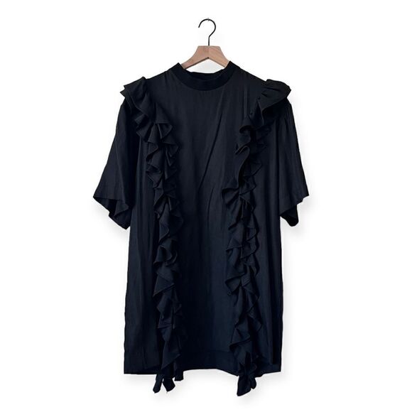 J KOO Black Ruffle Elongated Tee T-Shirt Top Mini Dress K-POP Designer Runway XS - Picture 9 of 16